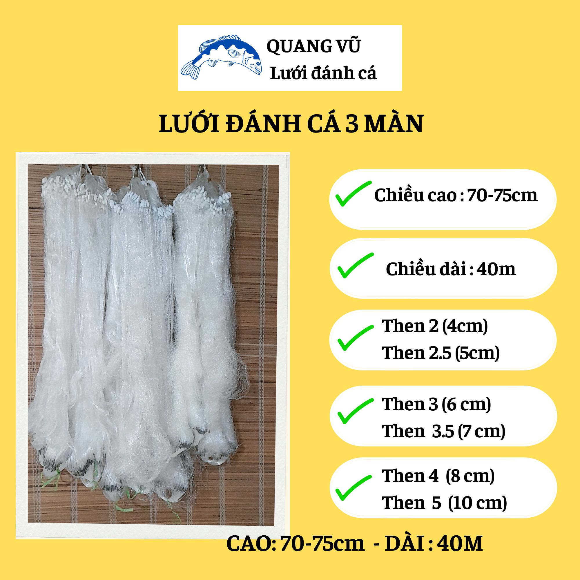 Lưới bắt cá sông 3 màn cao 70-75cm dài 40m then 2, then 2.5, then 3, then 3.5, then 4, then 5 đánh cá rô phi, rô đồng, diếc, cá chép từ cá nhỏ đến cá to ở sông hồ ao suối
