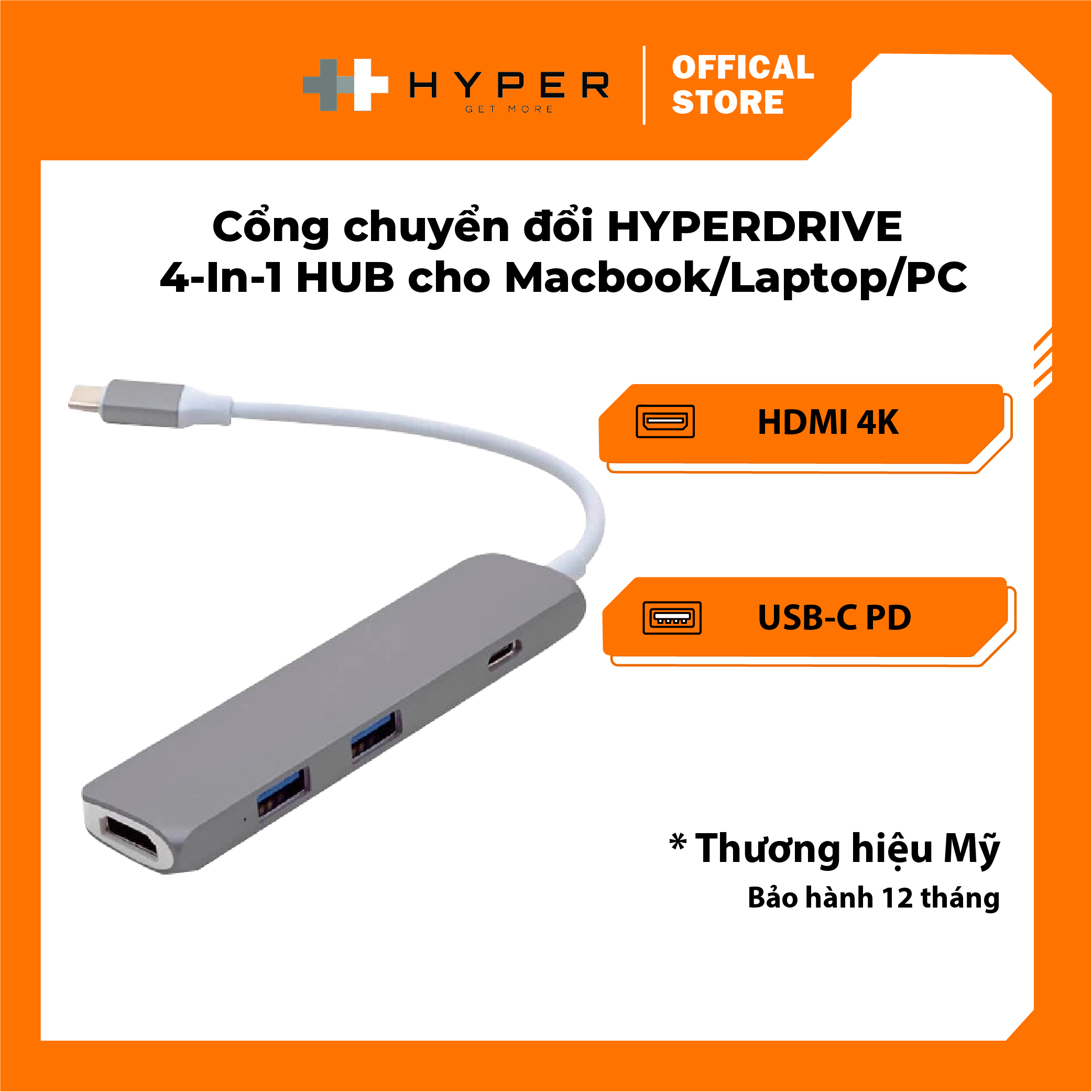 Cổng chuyển hyperdrive hdmi 4k usb-c hub for macbook, pc & devices - gn22b - hàng chính hãng