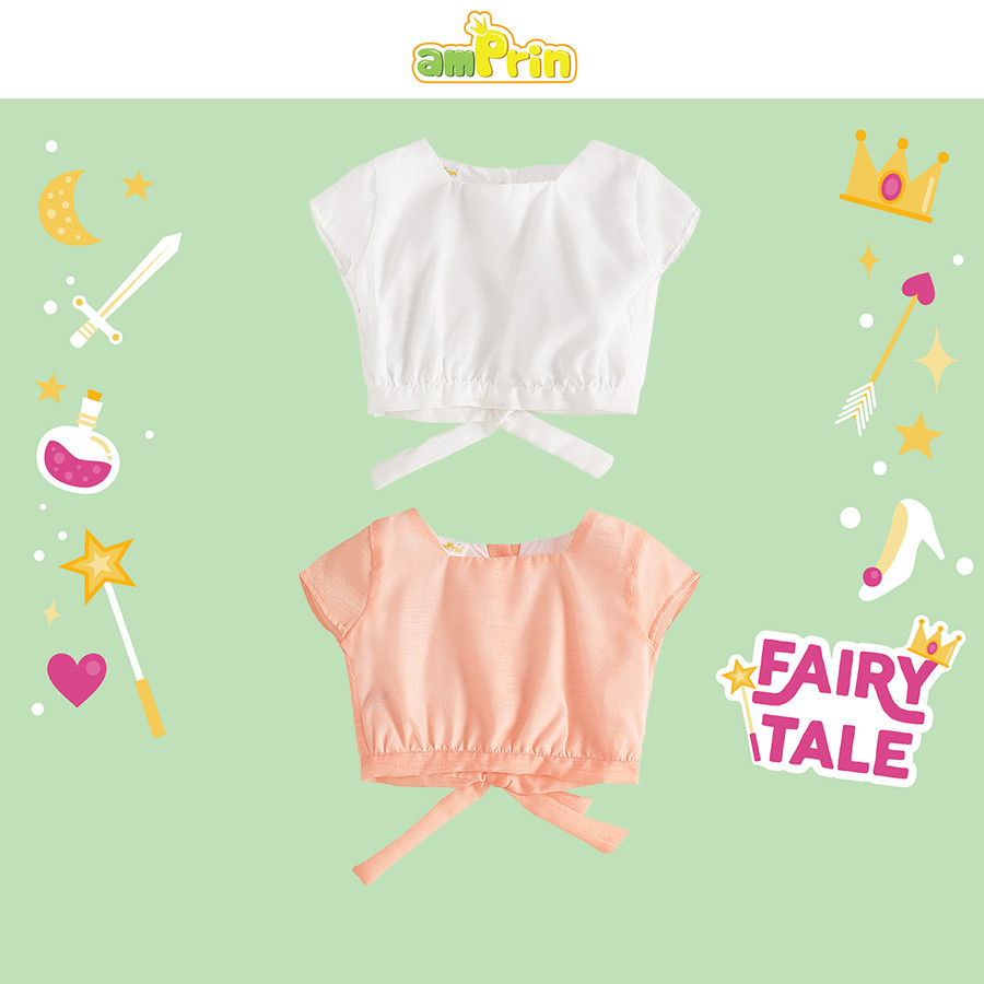 Áo vải kiểu dáng croptop mềm mại nhẹ nhàng thiết kế dây cột nơ phía sau bé gái Amprin SAAG042-SAAG043