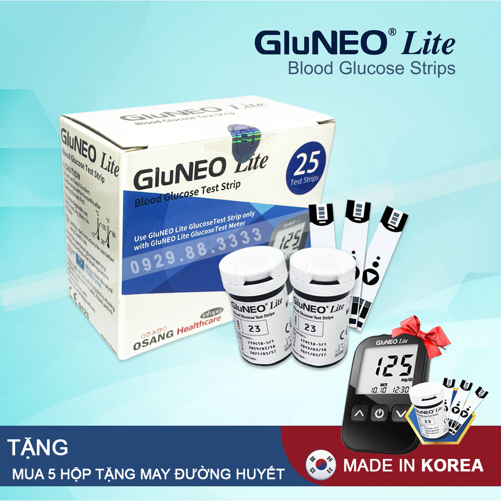 Que thử đường huyết GluNeo lite hộp 25 Test + Tặng túi 25 kim chích máu