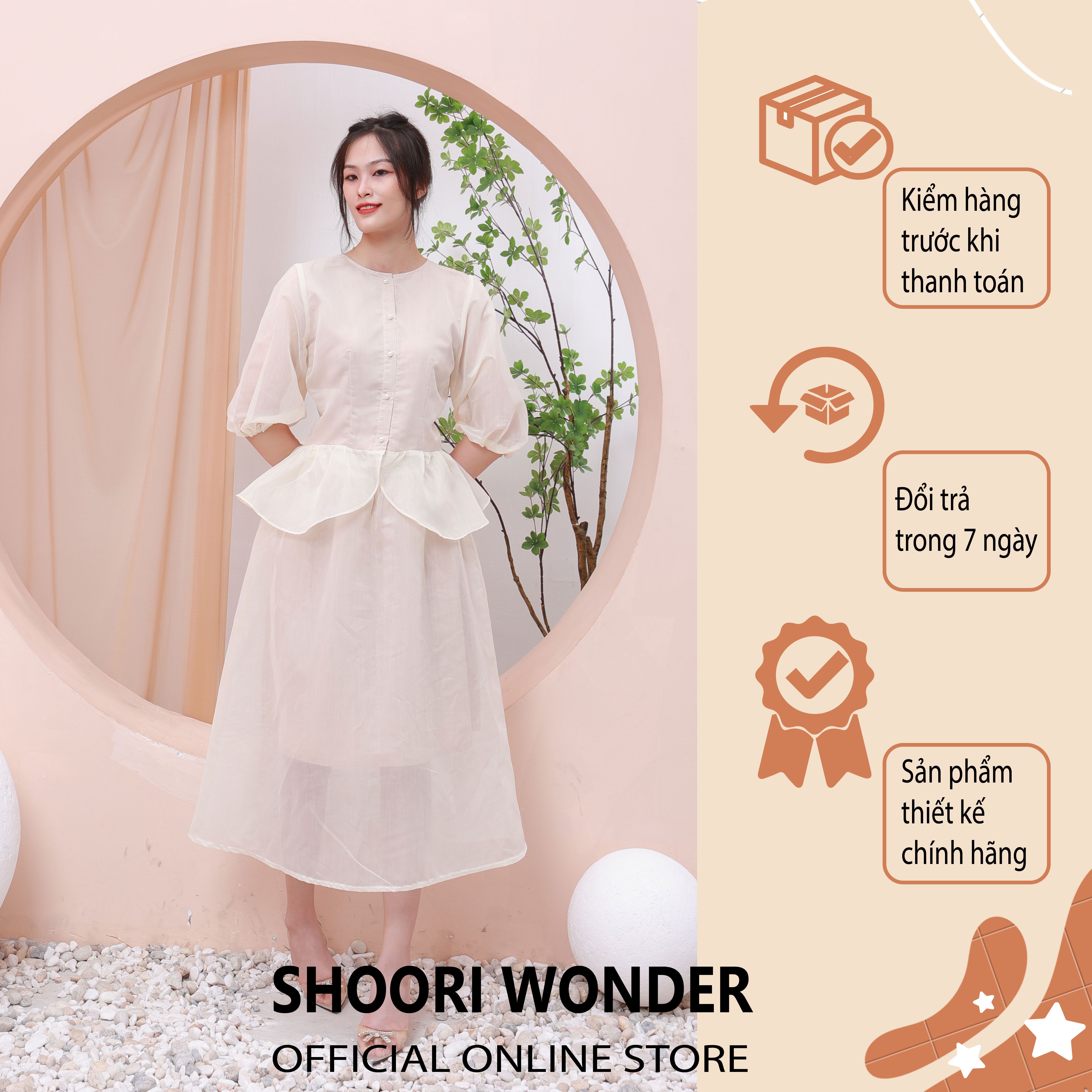 Shoori wonder | mary jane set - set áo peplum tay bồng chân váy xòe dài vải tơ