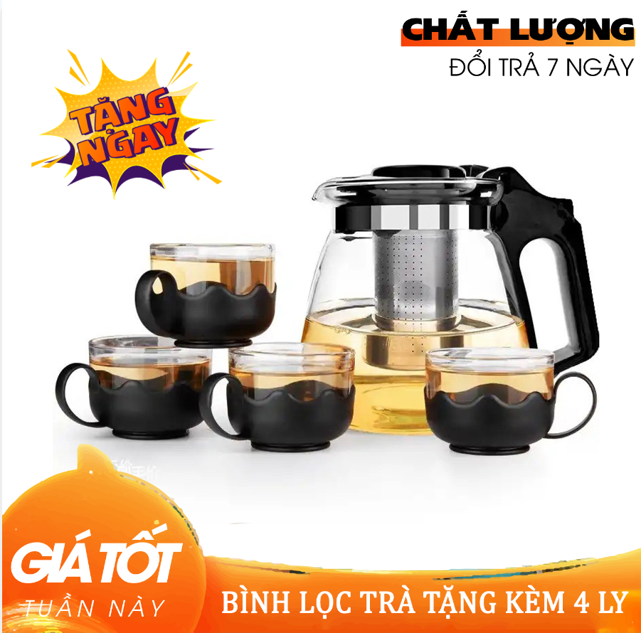 Bình Lọc Trà Thủy Tinh Tặng Kèm 4 Ly Sang Trọng, Bình Pha Trà Có Lõi Lọc Inox Chống Gỉ, Chịu Nhiệt