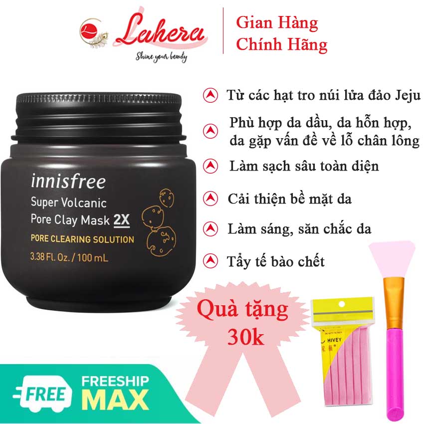 Mặt nạ Innisfree Super Volcanic hỗ trợ đánh tan mụn làm sạch lỗ chân lông Llahera DMP02, tặng kèm 1 gói 12 miếng bọt biển rửa mặt Chivey và 1 cọ silicon đắp mặt nạ cao cấp trị giá 30k