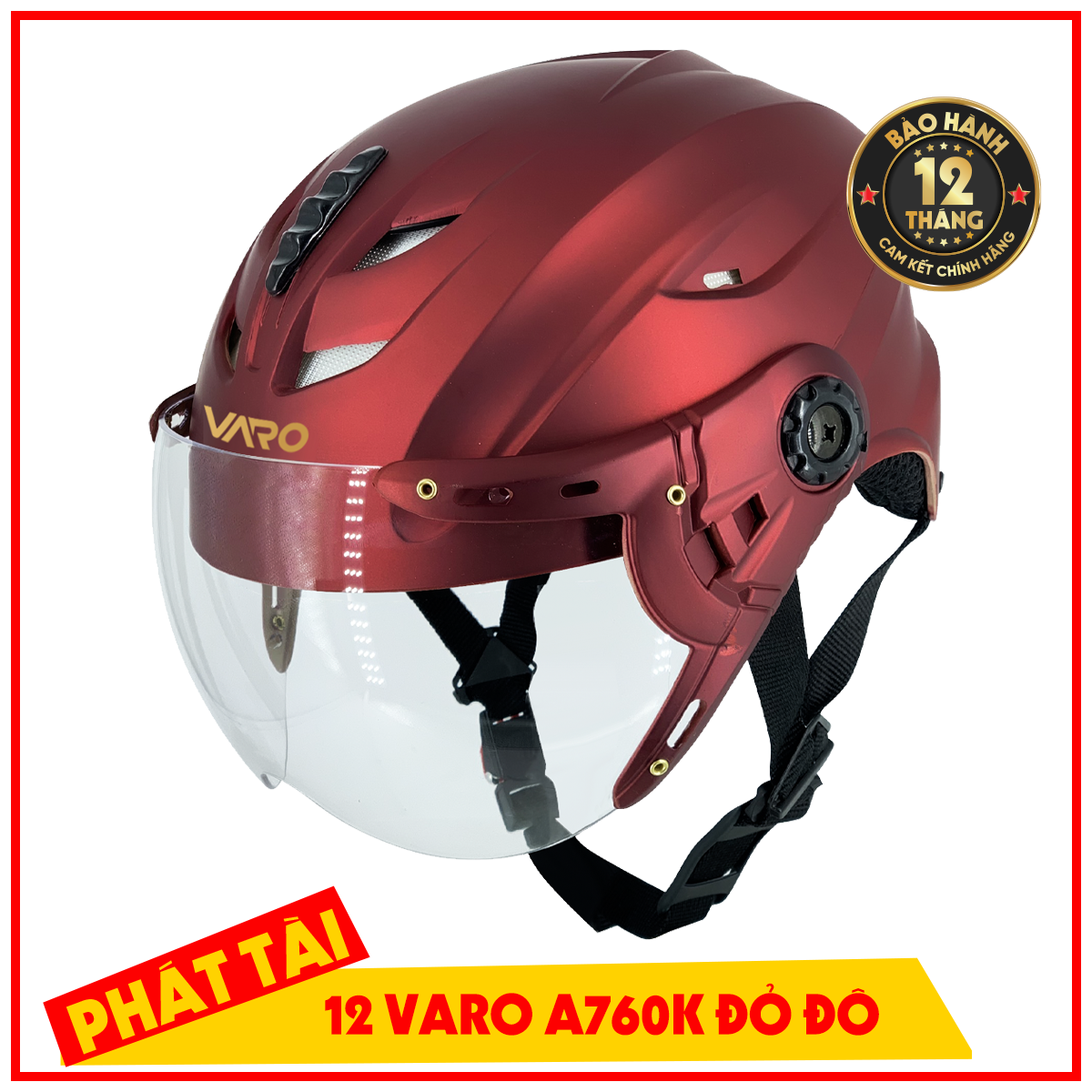 Nón Bảo Hiểm 1/2 VARO Có Kính  - ĐỎ ĐÔ