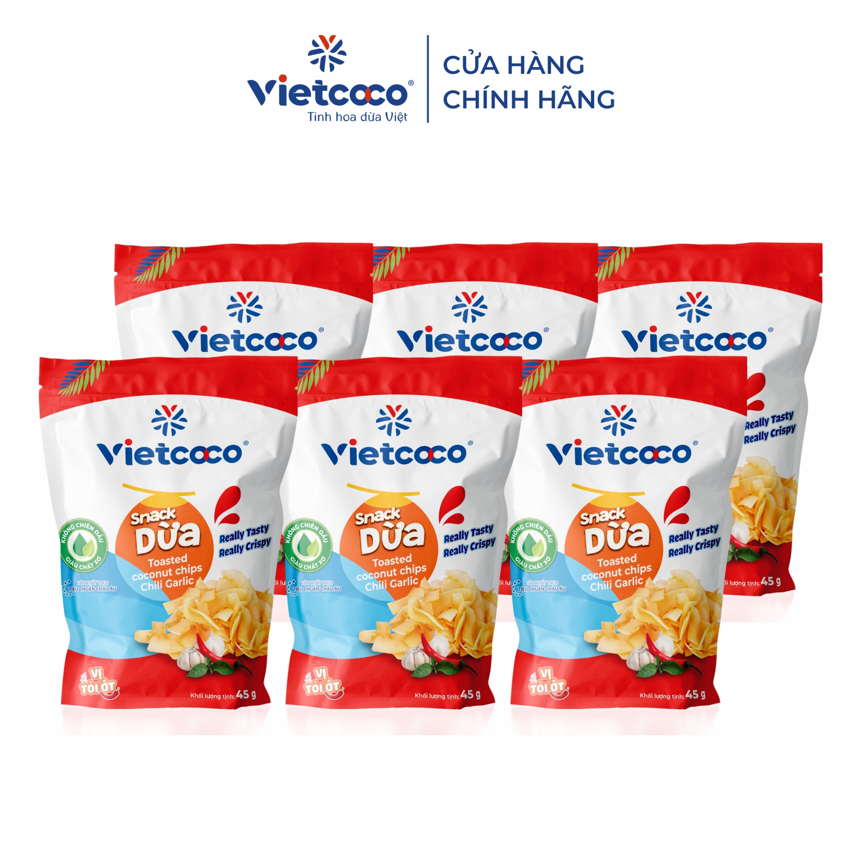 Combo 06 túi Snack dừa Vietcoco vị tỏi ớt 45gr/túi
