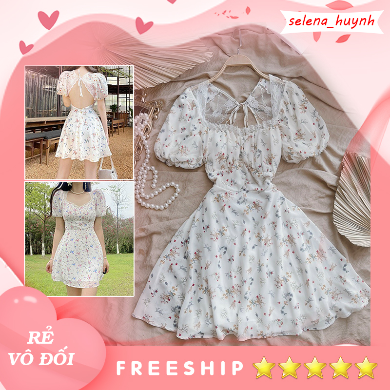 Đầm midi hoa nhí viền ren cutout hở lưng sẵn mút ngực