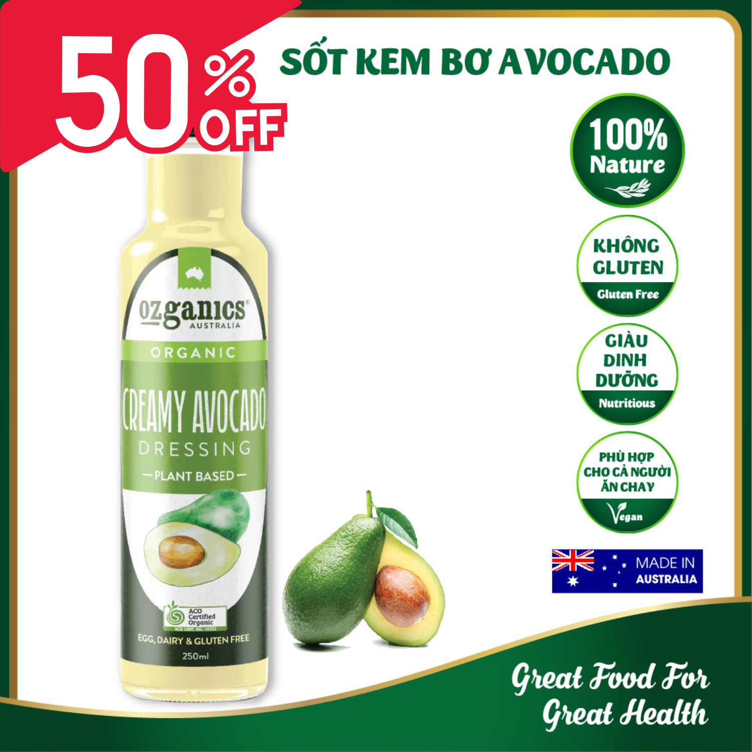 Sốt trộn salad hữu cơ kem bơ Ozganics - Organic Creamy Avocado Salad Dressing chai 250ml