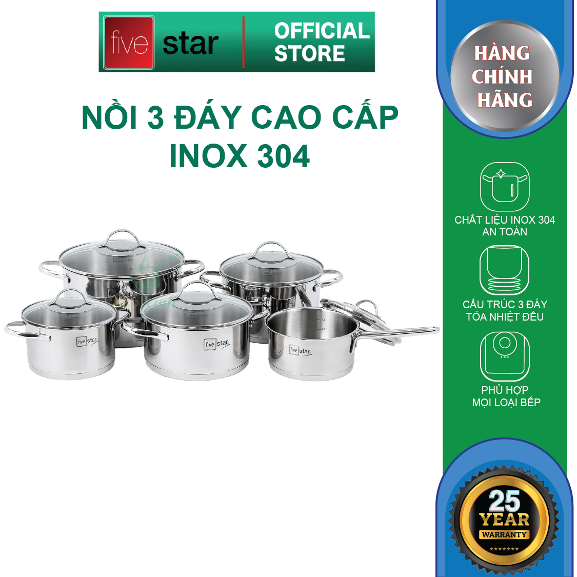 Bộ nồi inox 304 cao cấp  Fivestar Plush 5 món 3 đáy bếp từ , quai oval , nắp kính , dùng được mọi bếp - Shop Bếp Xinh