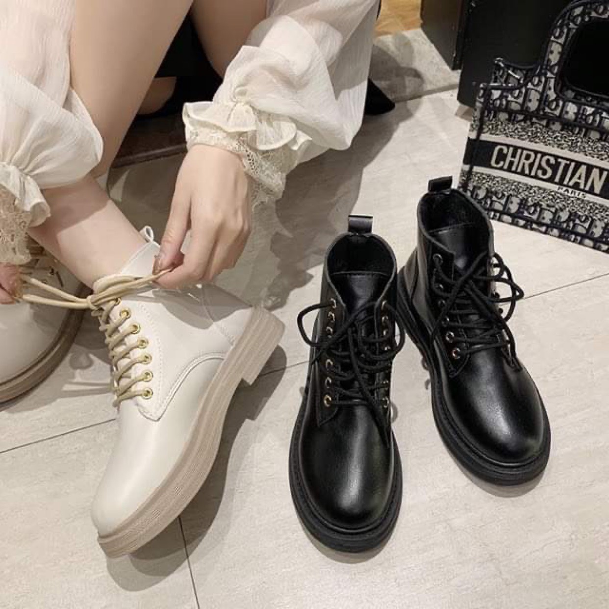 Boot nữ, bốt da nữ ulzzang đế bằng buộc dây chất da lì mềm trẻ trung cá tính