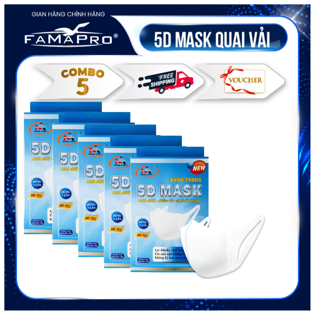 [COMBO 5 HỘP - 5D QUAI VẢI] - Combo 5 hộp khẩu trang y tế kháng khuẩn 3 lớp Famapro 5D Mask dây vải dạng hộp (10 cái / Hộp) )