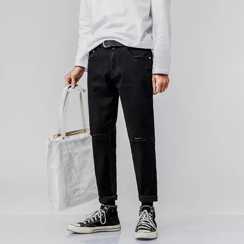 Quần jeans đen nam rách gối , quần bò phong cách Hàn Quốc co dãn không phai màu