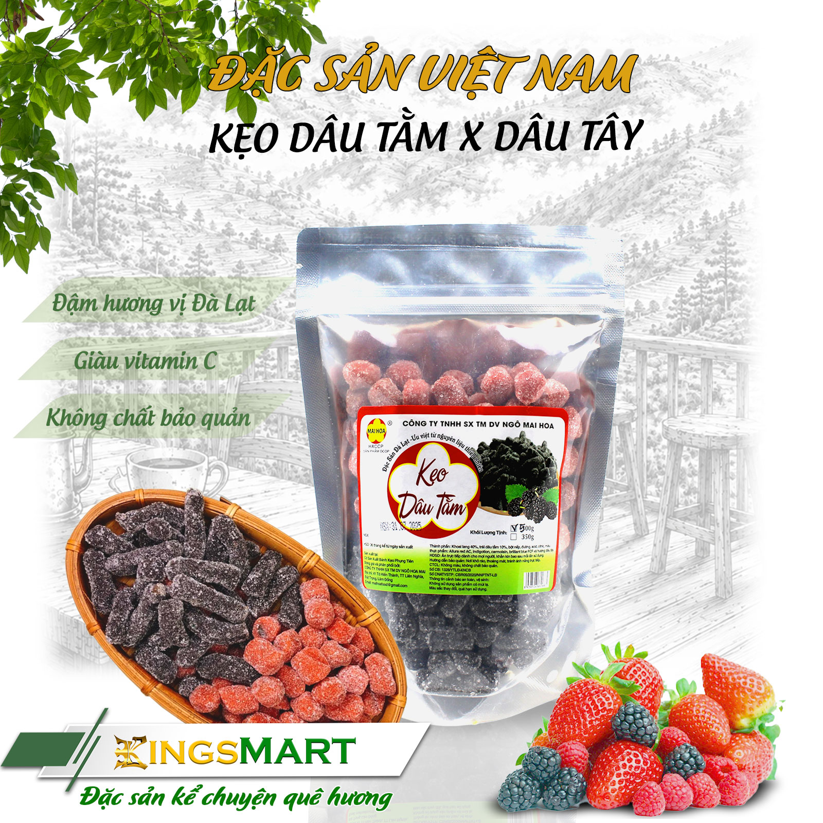 Kẹo dâu tây mix dâu tằm Đà Lạt - Thương hiệu NGÔ MAI HOA - Túi 500g - Kingsmart