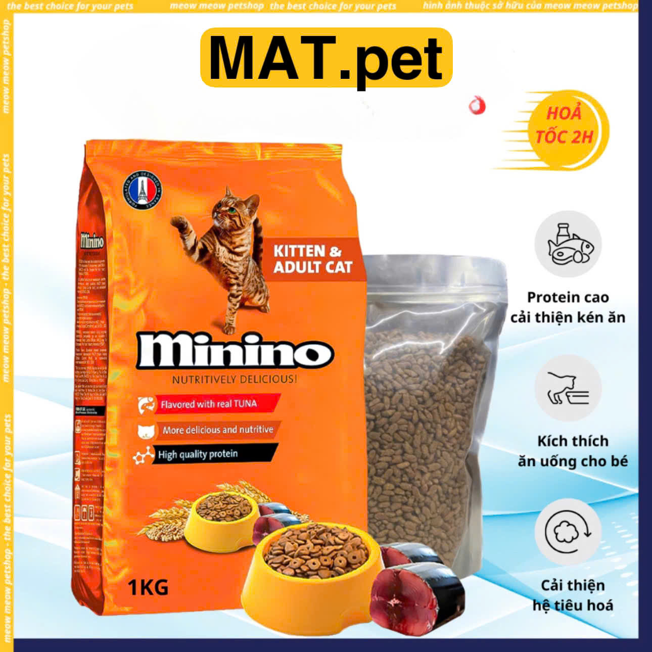 [TÚI 1KG] Hạt cho mèo MININO TUNA TÚI 1KG. Thức ăn khô dinh dưỡng cho mèo MININO vị Cá ngừ.