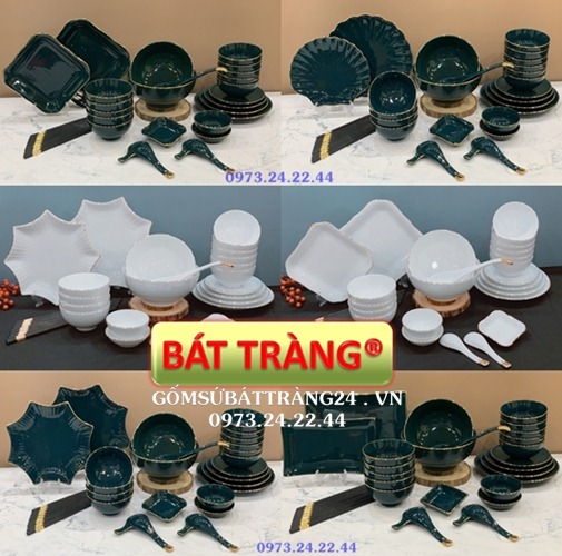 BỘ BÁT ĐĨA SỨ BÁT TRÀNG MEN XANH VIỀN VÀNG CHÉN BÁT ĂN CƠM CAO CẤP BỘ TÔ CHÉN DĨA SỨ ĐẸP