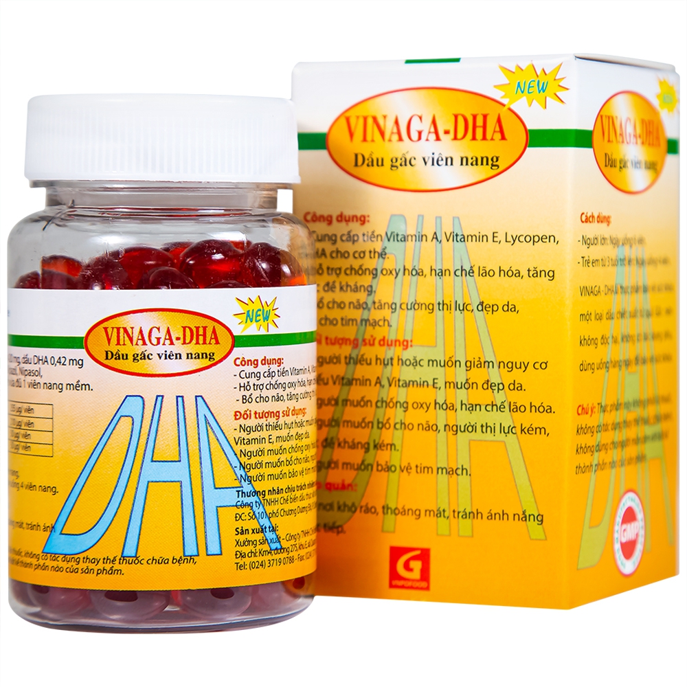 Dầu gấc Vinaga-DHA - cung cấp tiền vitamin A, vitamin E, giúp sáng mắt, chống oxy hóa, tăng cường sức đề kháng - Lọ 100 viên