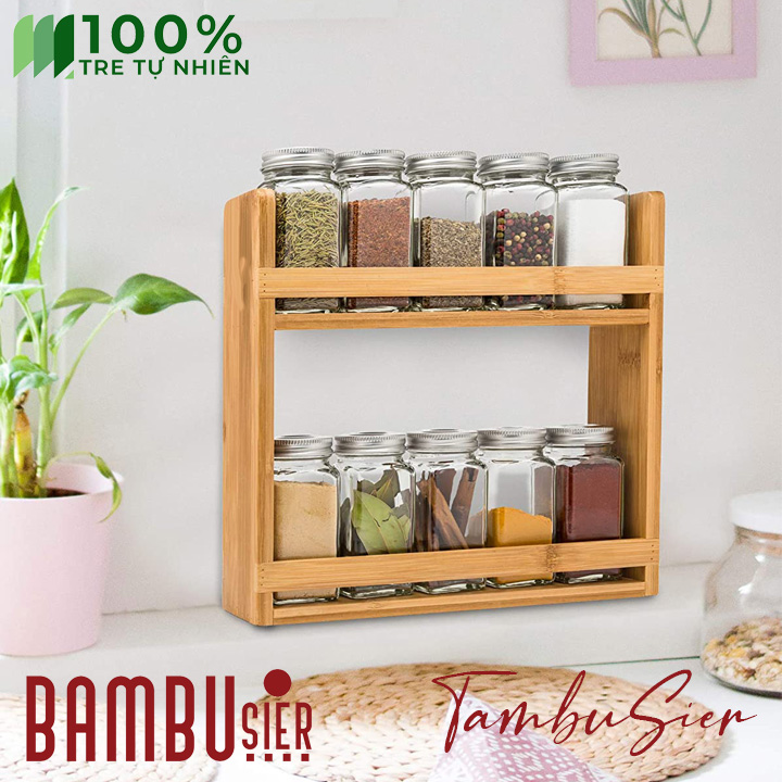 Kệ gỗ tre để gia vị nhà bếp 2 tầng