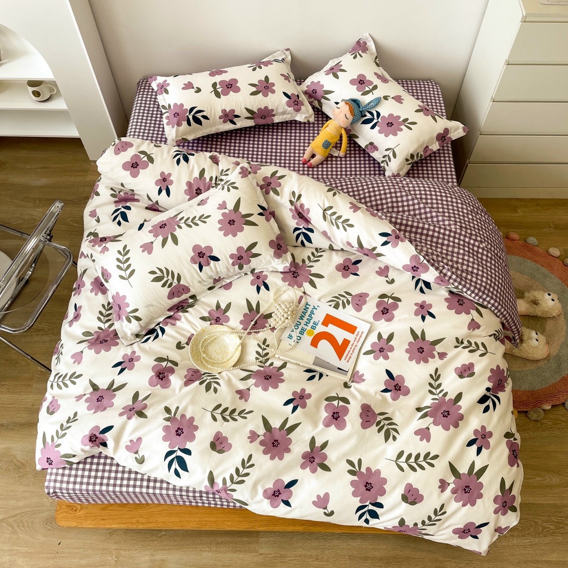 Bộ chăn ga gối cotton poly - hoa tím tiệm nhà cá