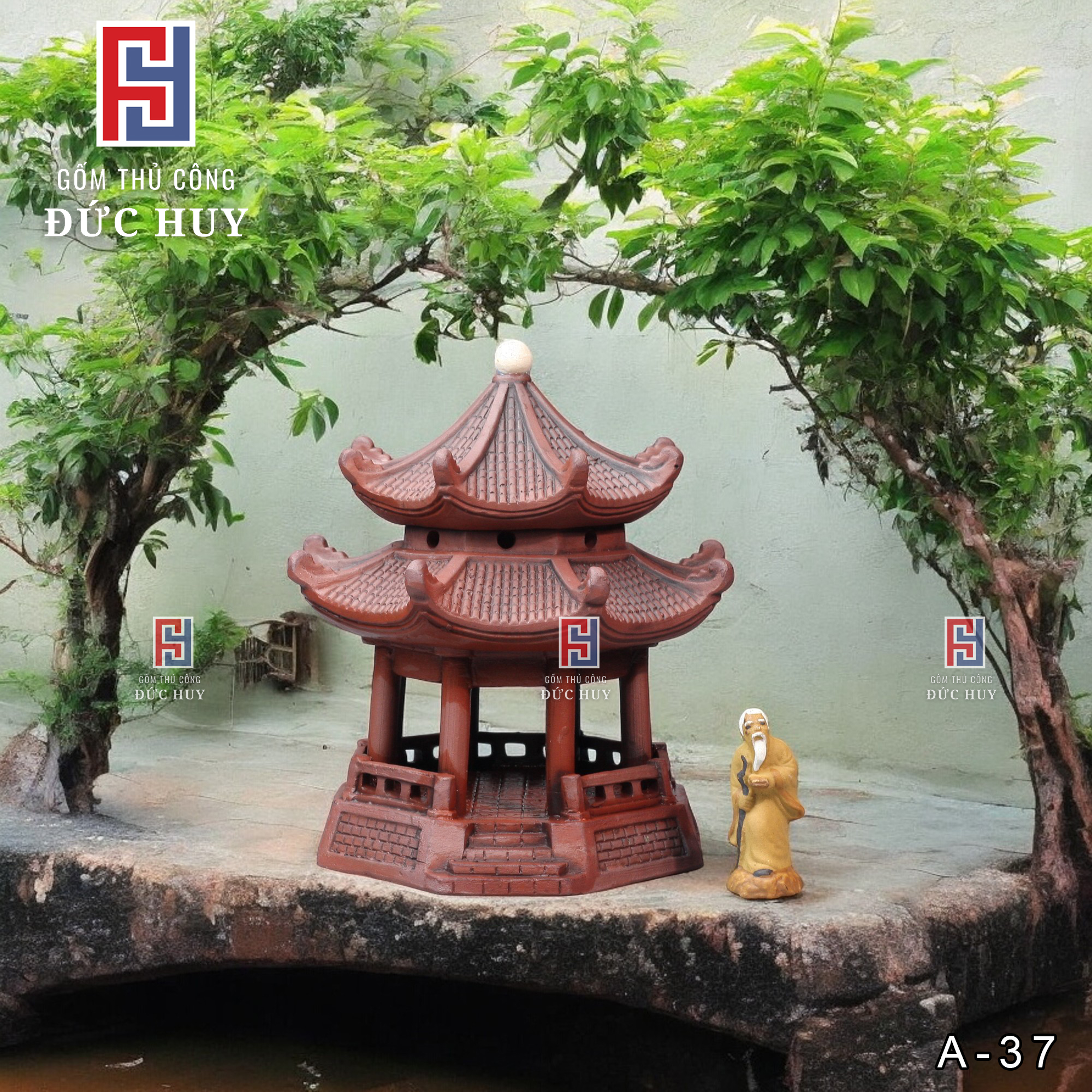 Mô hình Gốm Lầu Bát Giác Đặc Biệt tặng kèm 01 tượng mini - Phụ Kiện Trang Trí Hòn Non Bộ - Tiểu Cảnh - Bể Cá