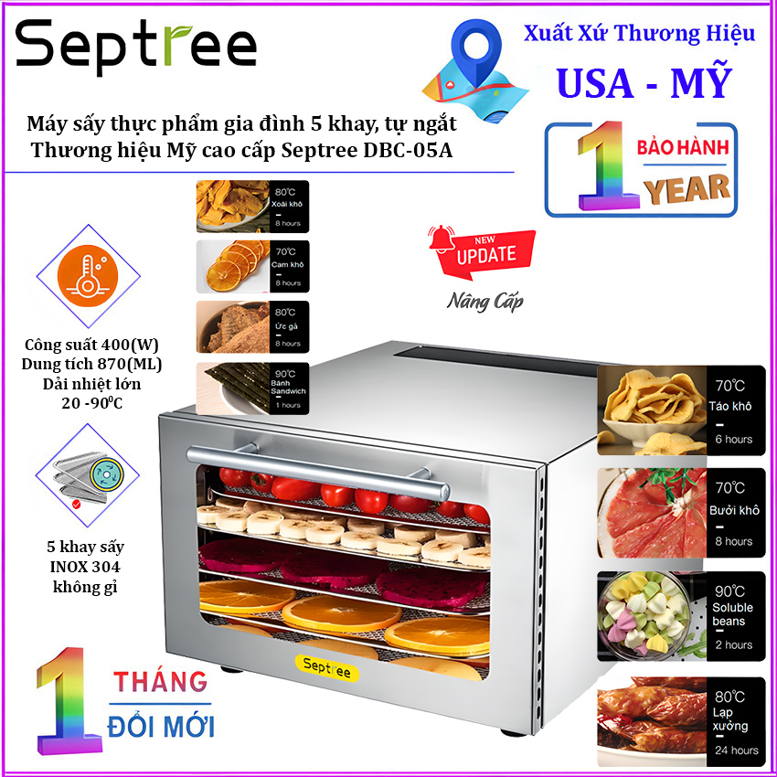 Máy sấy thực phẩm gia đình 5 khay, hẹn giờ sấy khô tự ngắt. Thương hiệu Mỹ cao cấp Septree DBC-05A