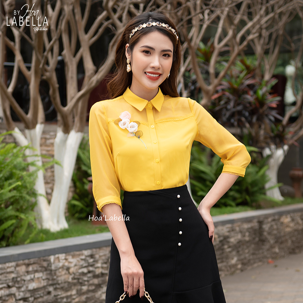 Áo sơ mi nữ hoalabella chất lụa phối voan đính hoa sang trọng