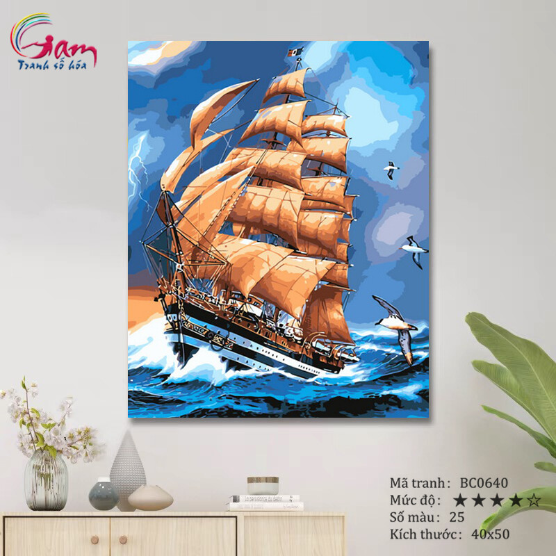 Tranh sơn dầu số hóa DIY tự tô màu Phong cảnh biển cả - Mã BC0640 Thuận buồm xuôi gió Tranh Trang trí hiện đại Làm quà tặng và Giảm Stress Đem lại May Mắn