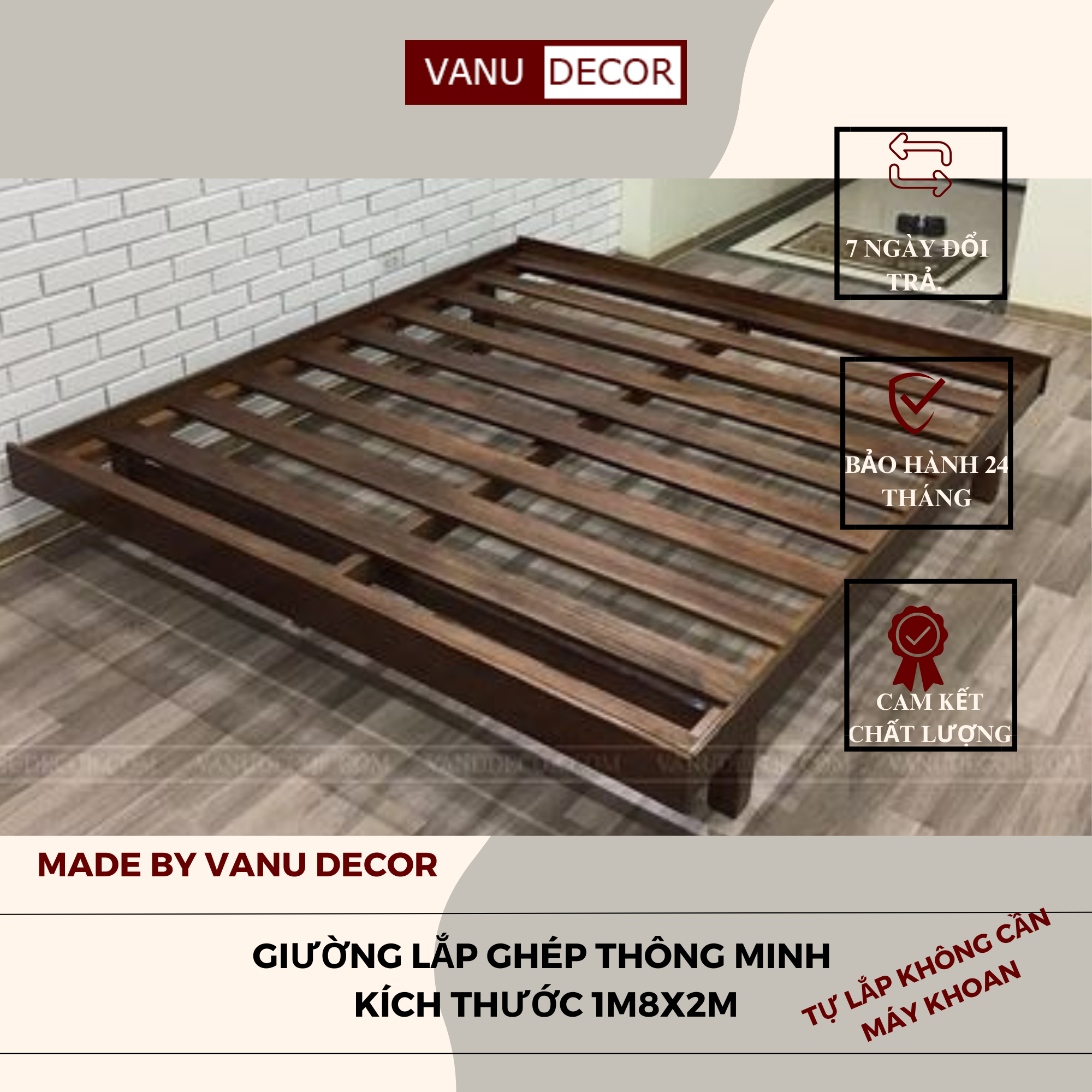 Giường ngủ thông minh VANUDECOR tự lắp ghép, tháo rời dễ dàng phong cách SCANDINAVIAN kích thước 1m8x2m