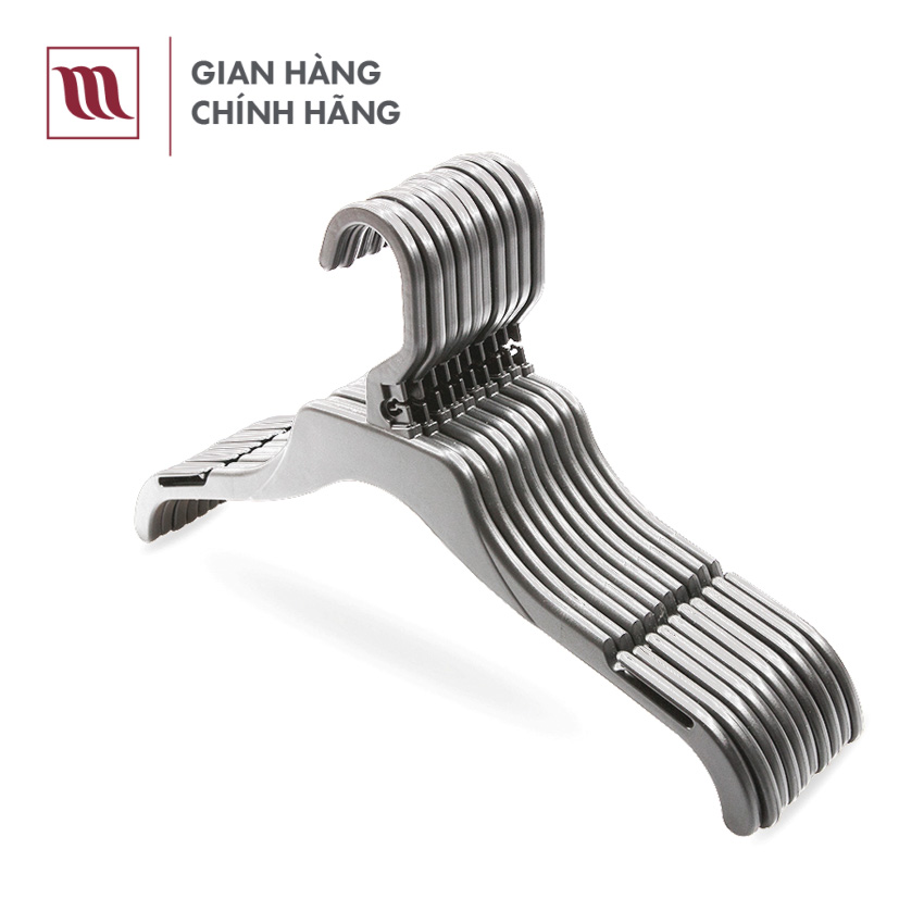 Combo 10 Móc treo áo người lớn cao cấp size 38 cm chính hãng Mainetti, màu xám ghi, có 2 rãnh giúp cố định quấn áo