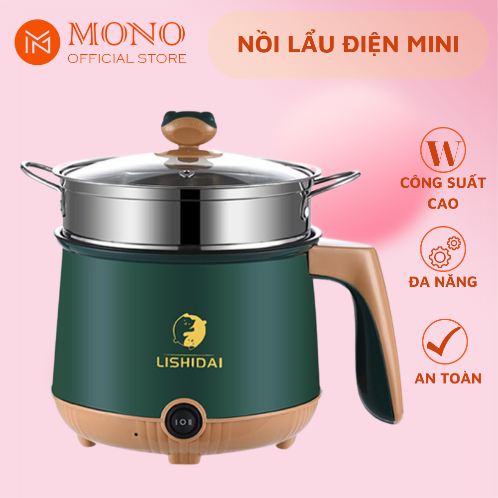 Nồi lẩu điện mini kèm giá hấp inox - nồi lẩu điện mini chống dính lishidai - nồi lẩu điện đa năng