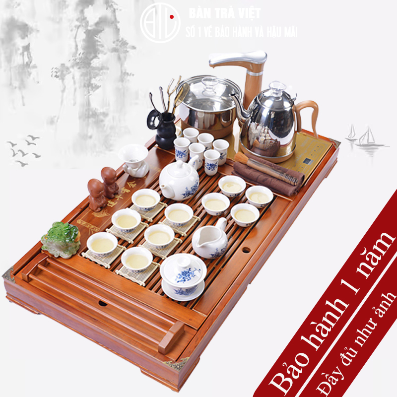 Bàn Trà Điện Đa Năng Thông Minh kèm bếp pha trà tự động và bộ ấm chén uống trà bằng gốm tử sa đầy đủ trà cụ và linh vật, bộ bàn trà đạo thông minh bằng gỗ sồi cao cấp