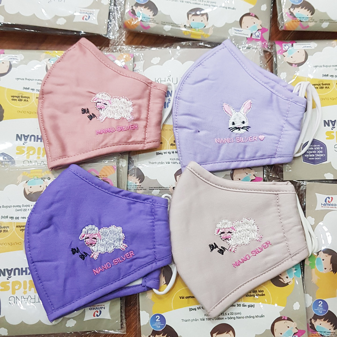 Set 2 Khẩu trang vải Hanvico cho bé gái từ 4 - 10 tuổi - Hàng 3 lớp cao cấp có lớp bông kháng khuẩn, dày, đẹp, họa tiết dễ thương