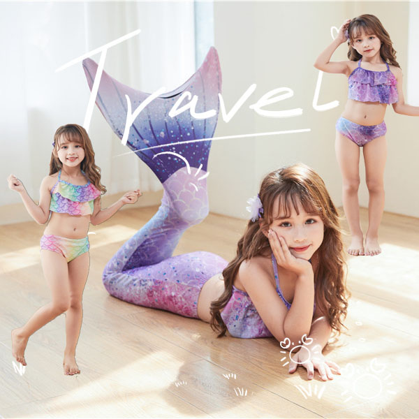 YA ZHOU LONG Đồ bơi nàng tiên cá cho trẻ em, Bộ đồ bơi ba mảnh hiệu suất đuôi cá lớn, váy công chúa nhỏ và vừa cho bé gái trang phục bikini