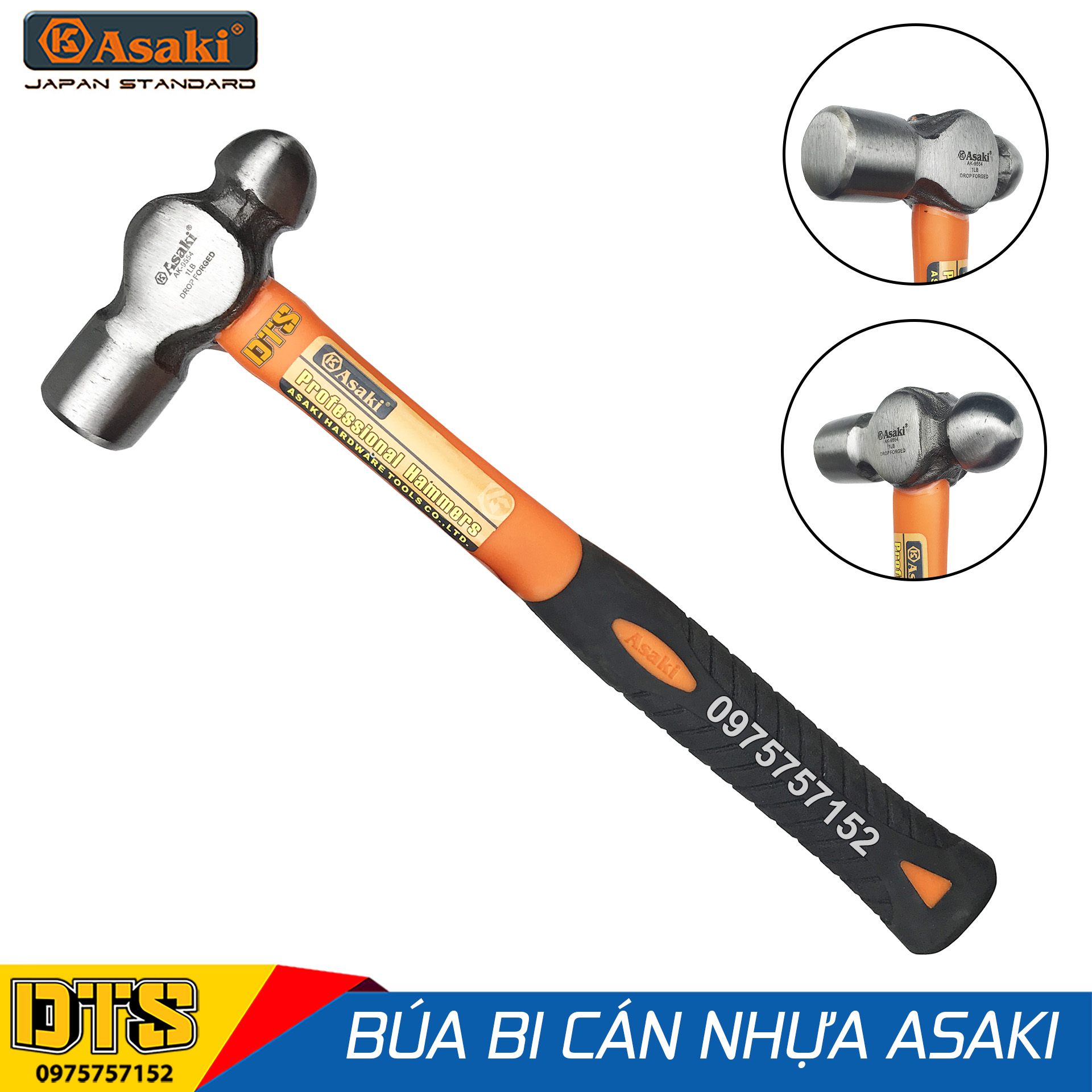 Búa bi đầu tròn cán nhựa tpr độ ổn định cao 1lb / 454gr asaki ak-9554