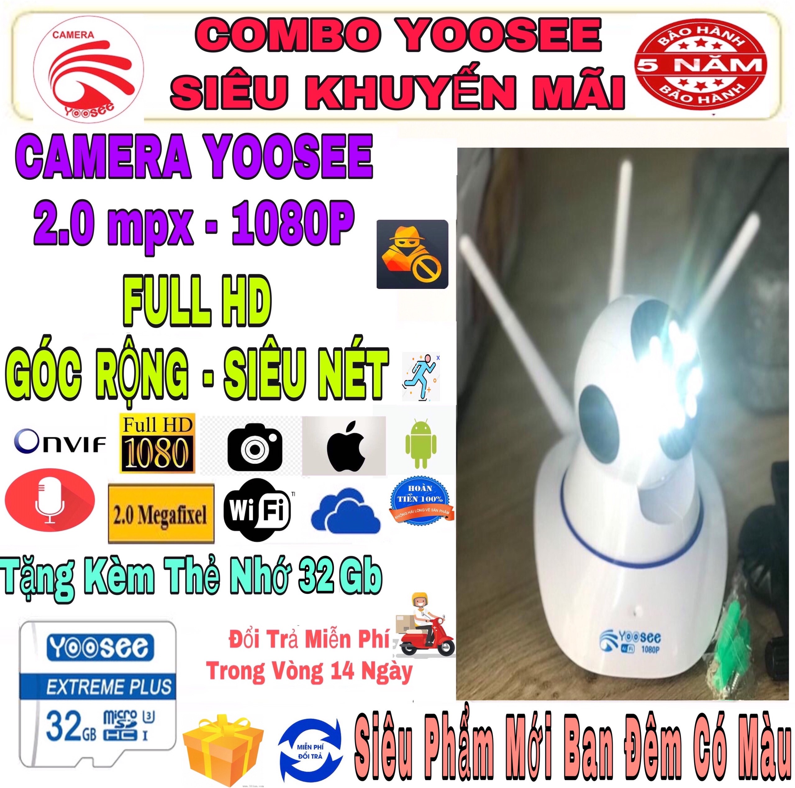 [HCM](KÈM Thẻ Nhớ SD YOOSEE 32 GB. BẢO HÀNH 5 Năm) Camera IP Wifi Yoosee 3 Râu xoay 360 độ Siêu Phẩm Phiên Bản Mới Ban Đêm Có Màu độ phân giải FULL HD 2.0MP 1920x1080p Không Dây Camera trong nhà Camera hồng ngoại lưu trữ dữ liệu.