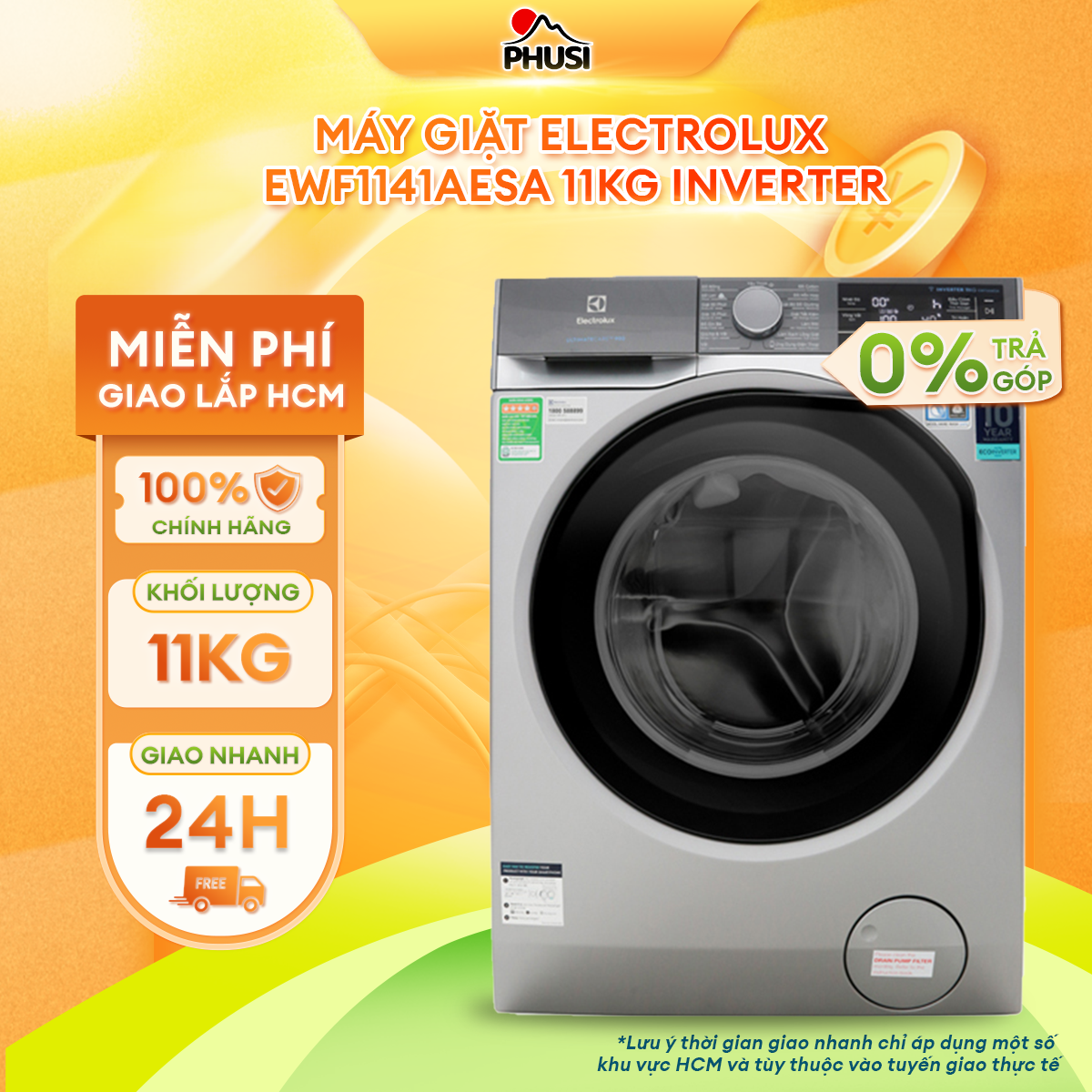 Trả góp 0% máy giặt electrolux ewf1141aesa 11kg inverter bảo hành 2 năm
