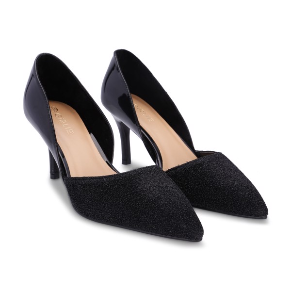 Giày cao gót khoét hông kim tuyến S30043 Girlie  màu Đen-Bạc