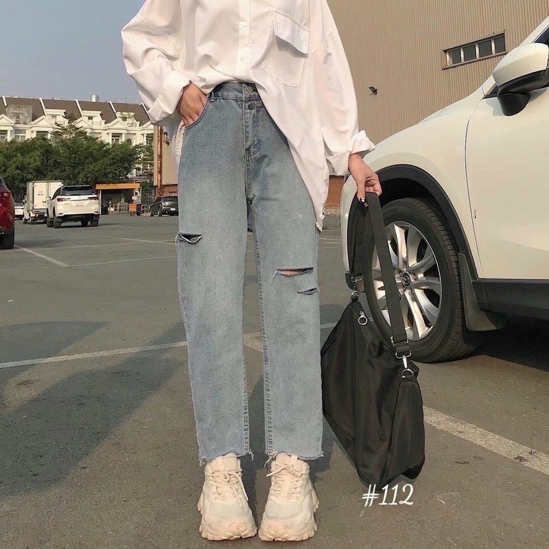Quần baggy jean nữ rách màu nhạt-jt