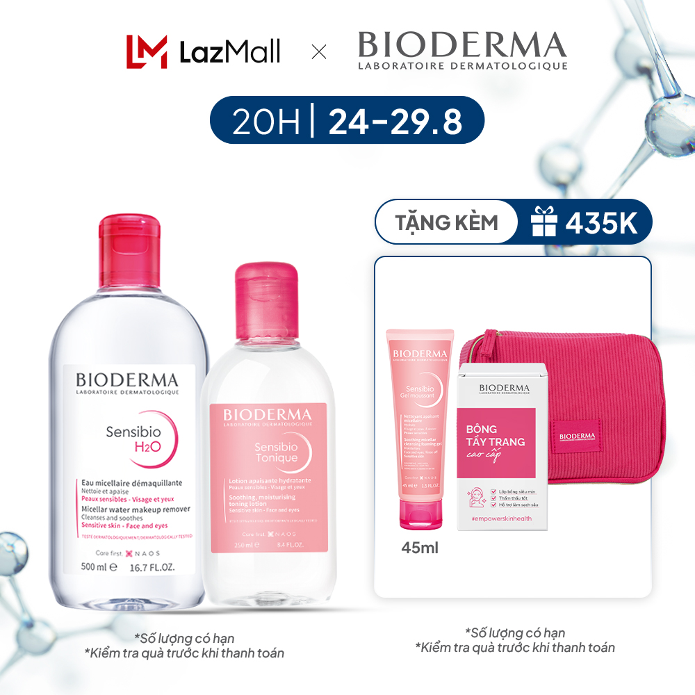 Bộ đôi nước tẩy trang làm sạch micellar cho da nhạy cảm Bioderma Sensibio H2O 500ml và dung dịch cân bằng, dưỡng ẩm 250ml