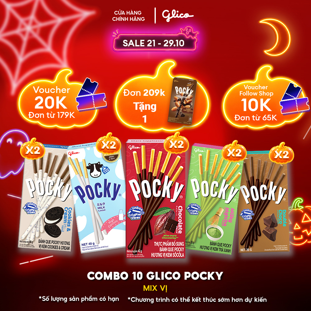 Combo 10 Hộp Bánh Que Phủ Kem Nhiều Vị Glico Pocky (00449_2 Cookie  Cream - 2 Matcha - 2 Sữa Hokkaido - 2 Double Choco - 2 Socola)