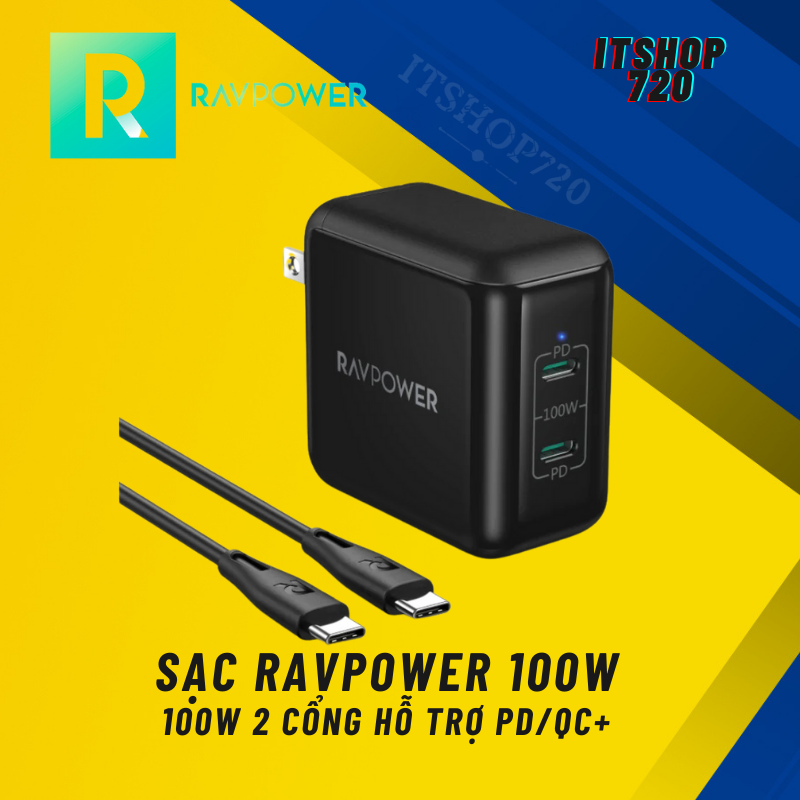 [ Free dây C to C 100W ] Củ sạc Nhanh RavPower  100W USB C PD 3.0 Sạc nhanh QC 4.0 Type C Bộ sạc nhanh đa năng dùng cho iPhone 15 Samsung Macbook Pro