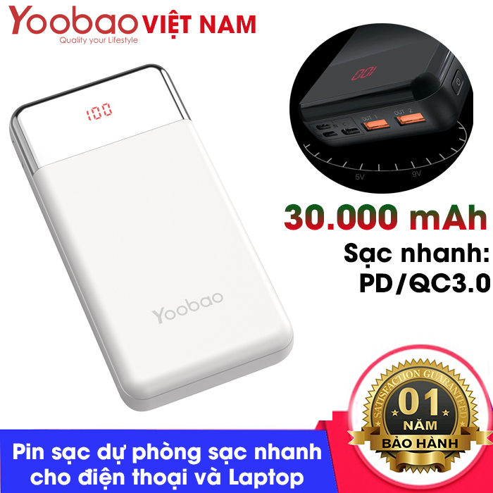 Pin sạc dự phòng Yoobao 30W-PD 30000mAh PD3.0 (PPS) 3 cổng sạc vào Type C / Micro USB / Lightning Sạc nhanh cho điện thoại và Laptop PD QC3.0 hiển thị phần trăm pin- Hàng chính hãng