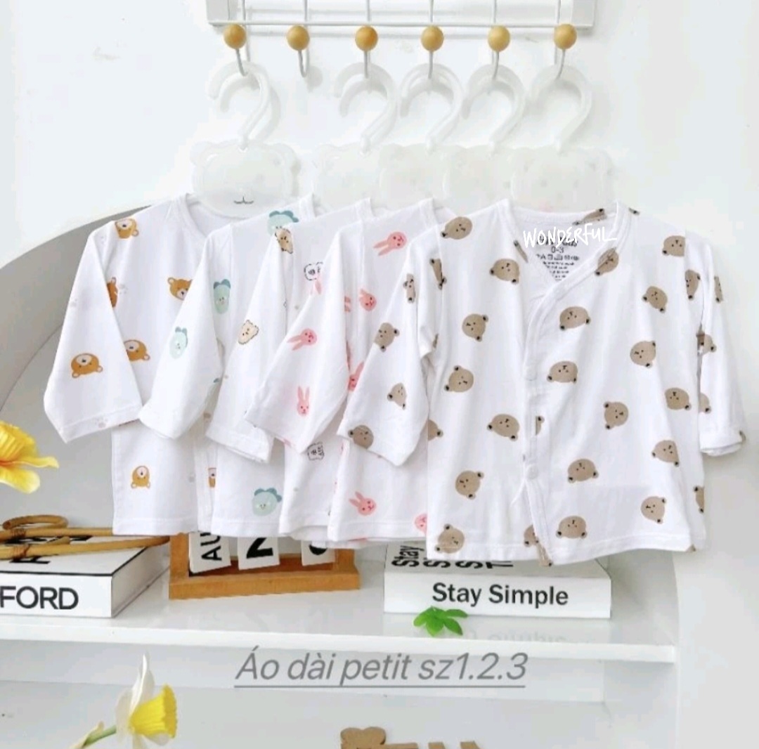 Áo Sơ Sinh Dài Tay Cài Chéo Chất Thun Lạnh Mềm Mát Màu Trắng Họa Tiết Dễ Thương Cho Bé Trai, Bé Gái Từ sơ sinh đến 8kg