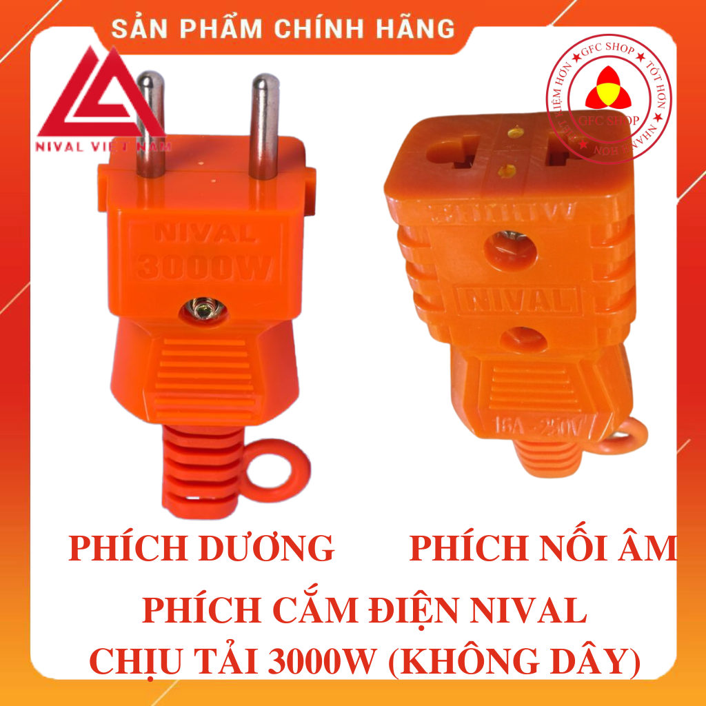 Phích cắm chịu tải Nival 3000W Phích cắm dương - Phích nối âm, màu cam, lõi sứ, chống cháy, chống vỡ