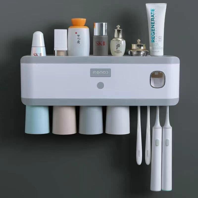 Bộ nhả kem đánh răng, lấy kem đánh răng tự động cao cấp kèm miếng dán cường lực và 4 cốc đánh răng sang trọng-Bộ nhả kem đánh răng tự động 4 cốc dính tường cực chắc chắn