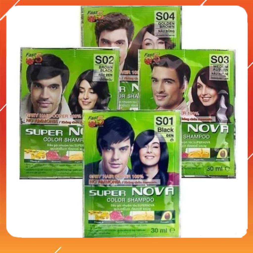 [12gói] Dầu gội nhuộm nova tóc Phủ bạc là nâu đen Thảo Dược Super Nova Color Shampoo 5-10 phút che phủ tóc bạc 100%  Thái Lan