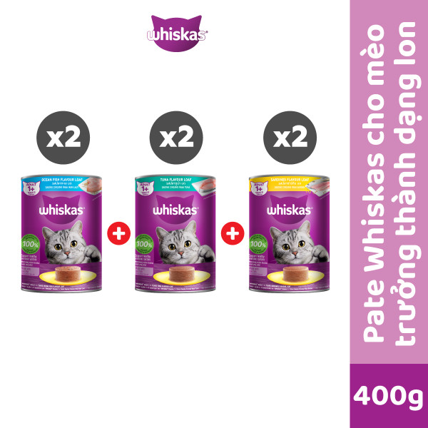 WHISKAS Combo Thức Ăn Cho Mèo Trưởng Thành Dạng Pate Mix 3 Vị 400G (dạng lon)