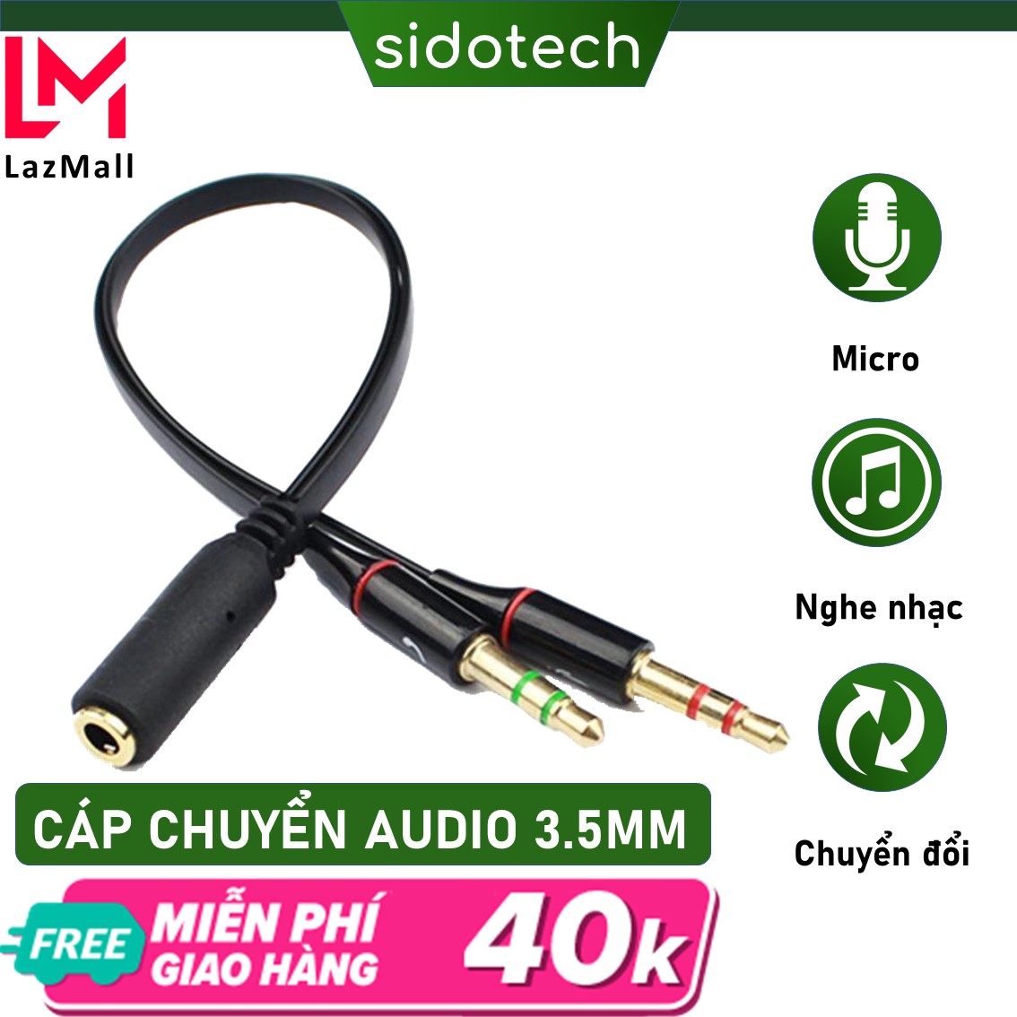 Dây Cáp Audio Chuyển Tai Nghe 3.5mm sang 2 đầu Mic và Tai nghe Sidotech JS20 gộp âm thanh và micro làm một, nối dài âm thanh dùng cho máy tính, laptop chơi game, livestream học trực tuyến