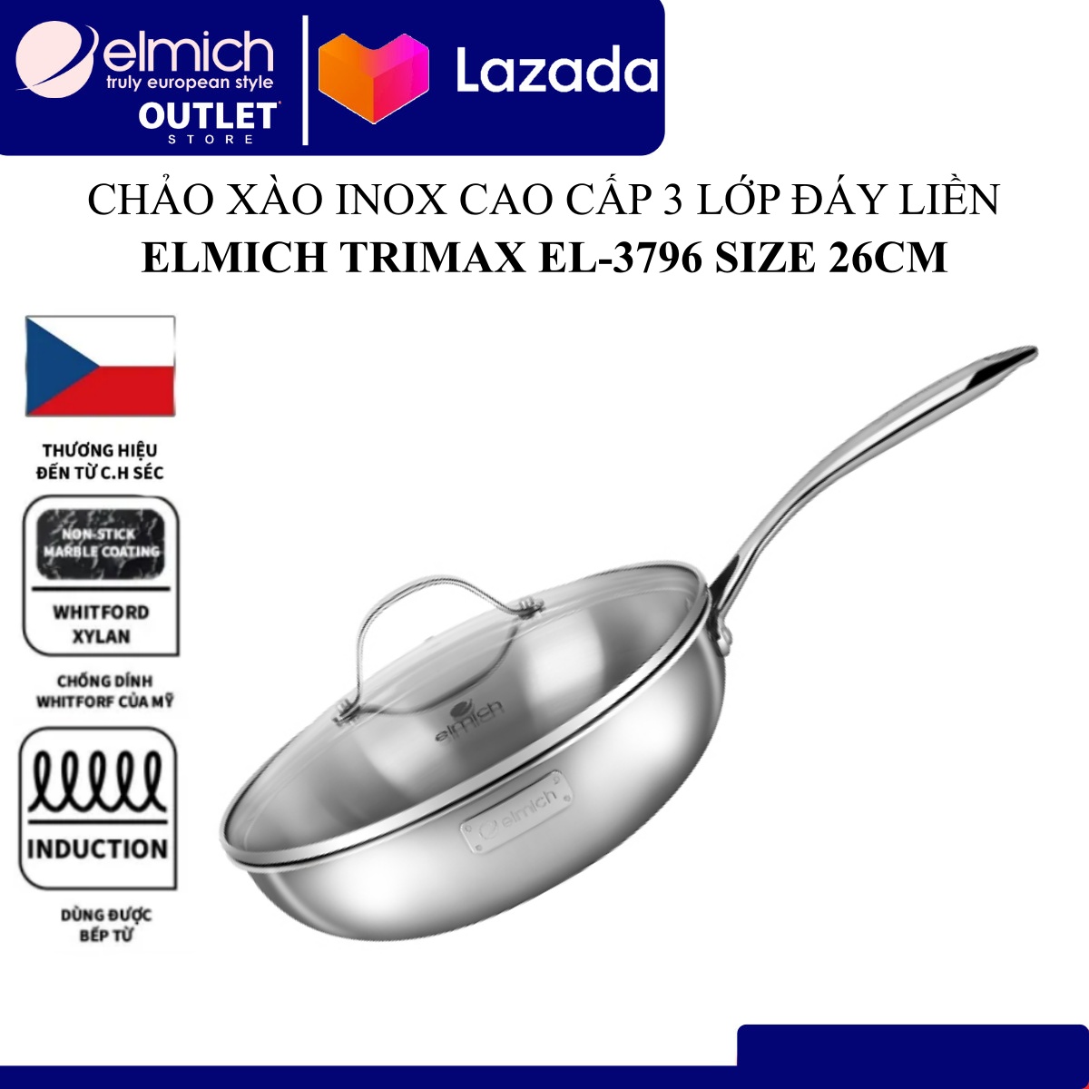 Chảo Xào inox Cao Cấp 3 Lớp Đáy Liền Elmich Trimax EL-3796 - size 26cm