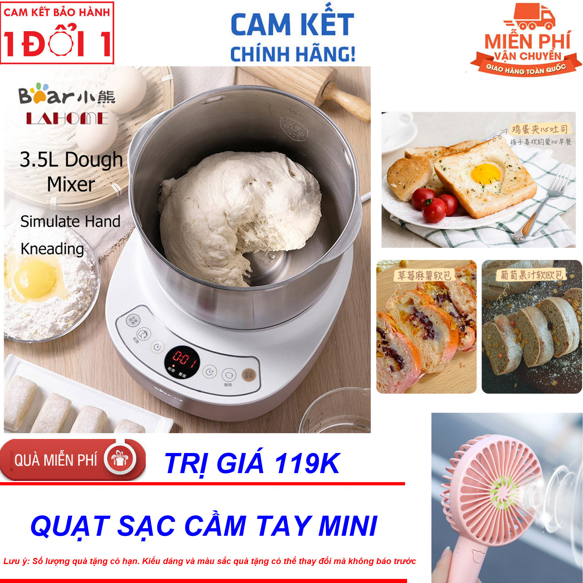 Quà Tặng Trị Giá 119K - Hướng dẫn sử dụng Máy trộn và nhồi bột Bear HMJ-A35M1 - Máy nhồi bột bear HMJ-A35M1 (3.5l) Model 2019 - Máy trộn/ủ bột Bear 3.5L HMJ-A35M1 - Bảo hành 12 tháng