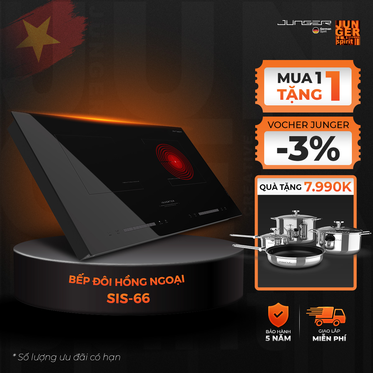 Bếp đôi hồng ngoại junger sis-66 4200w không kén nồi bảo hành 36 tháng