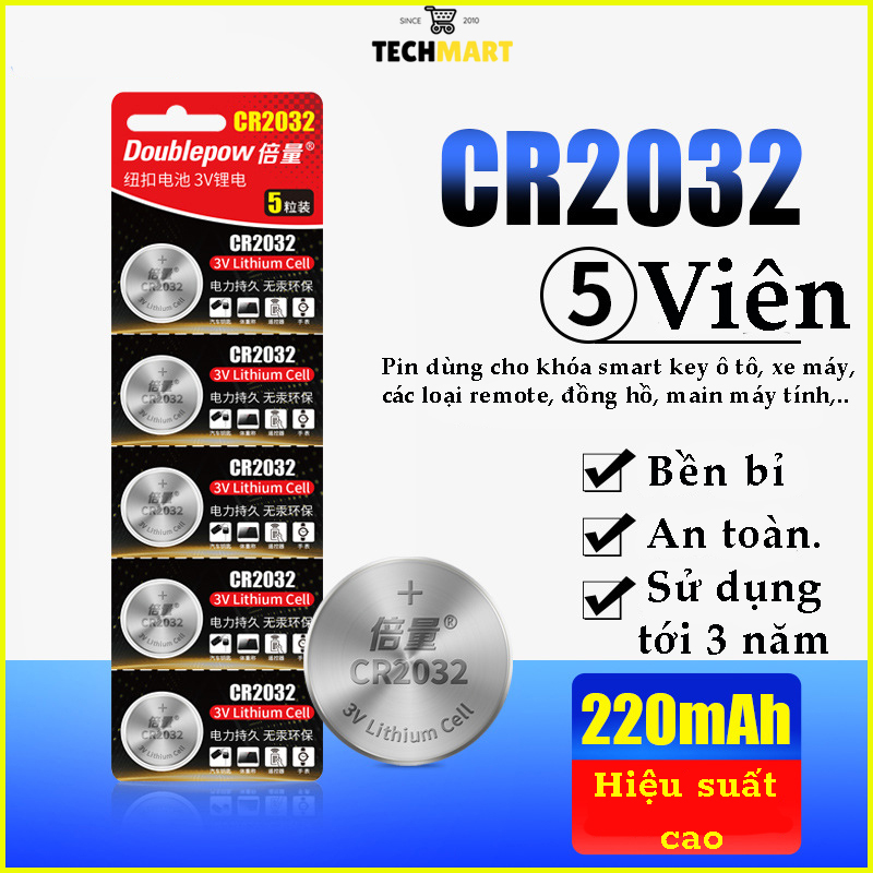 Vỉ 5 viên pin CR2032 3V Doublepow cao cấp - Pin Lithium dùng cho Điều khiển từ xa, cân điện tử, bo mạch chủ, CMOS... 4.0